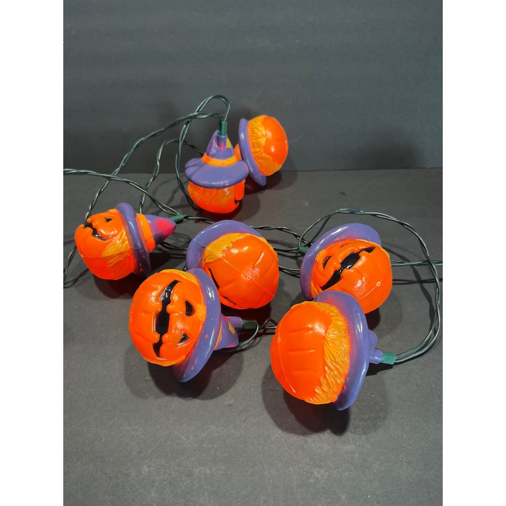 Vintage Halloween Pumpkin Witch Hat String Lights Blow Mold 10 Count Orange
